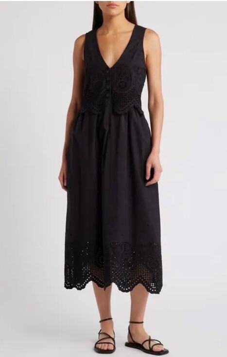 Cleobella Dresses & Skirts - CLEOBELLA Julie Organic Cotton Poplin Lace Midi Dress Sz Small Black Eyelet Boho